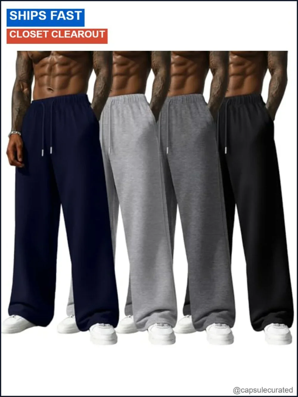 4 Pack Men's Baggy Sweatpants Lightweight Wide Leg Joggers Cotton Stretch
